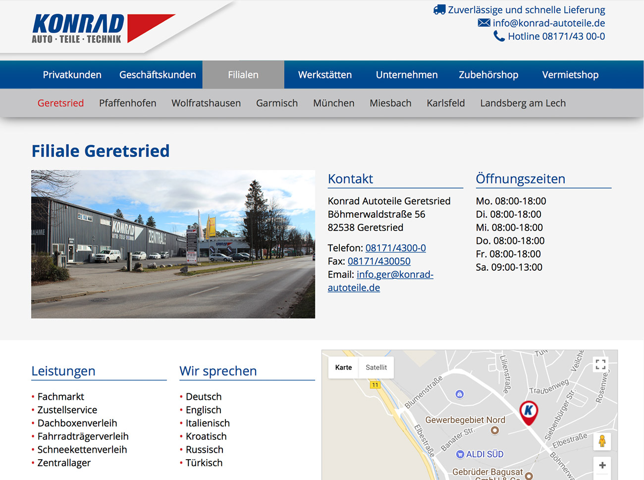 Screenshot Konrad Autoteile WordPress WooCommerce Projekt Filialdetailseite iPad