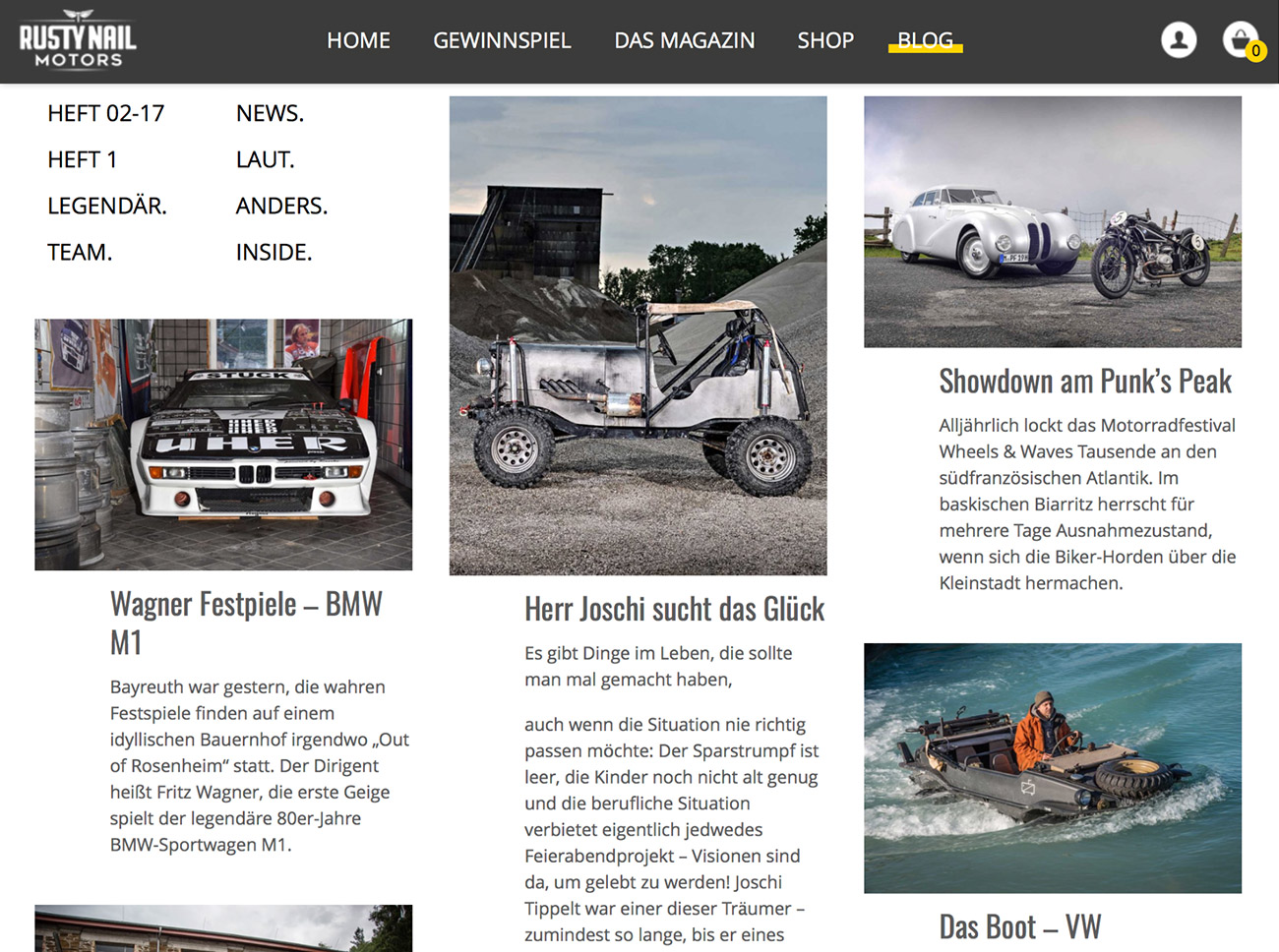 Screenshot Rusty Nail Motors WooCommerce Projekt Blog iPad